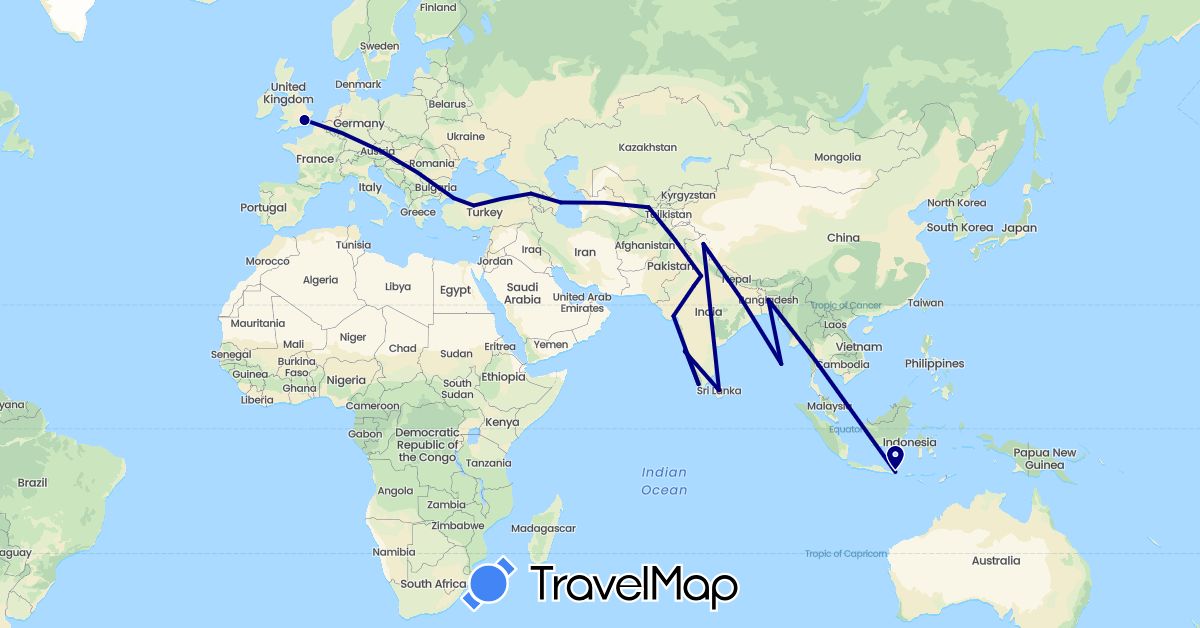 TravelMap itinerary: driving in Azerbaijan, Bangladesh, United Kingdom, Georgia, Indonesia, India, Sri Lanka, Turkey, Uzbekistan (Asia, Europe)